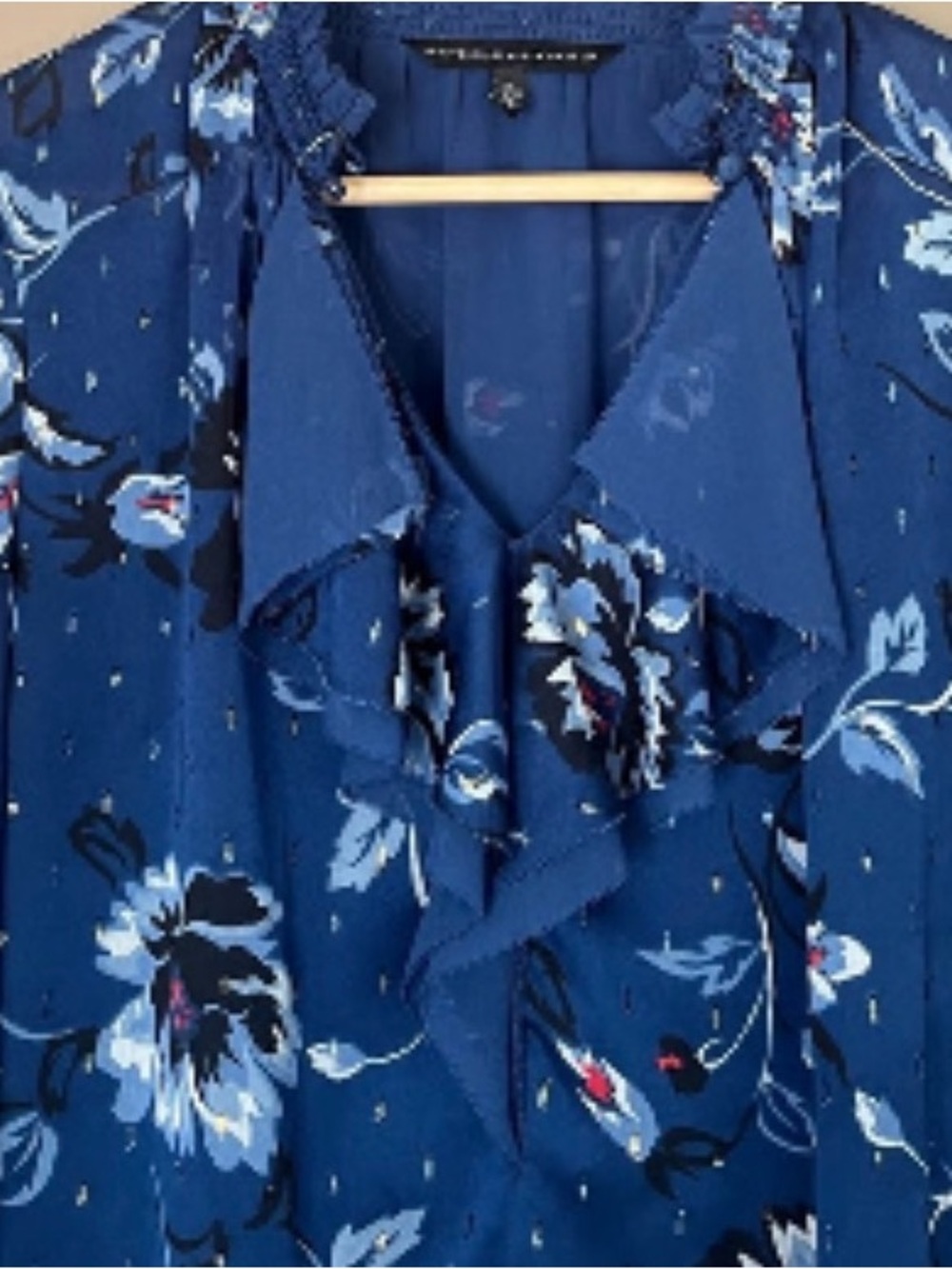 WHBM Blue Ruffle Neck Blouse with Sheer Sleeves - Picture 8 of 17